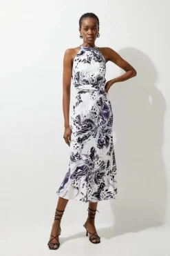 Karen Millen Abstract Floral Satin Woven Halter Midi Dress purple Fashion