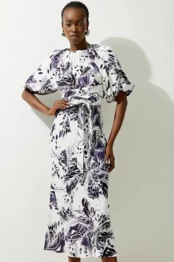 Karen Millen Abstract Floral Satin Woven Midi Dress purple Clearance