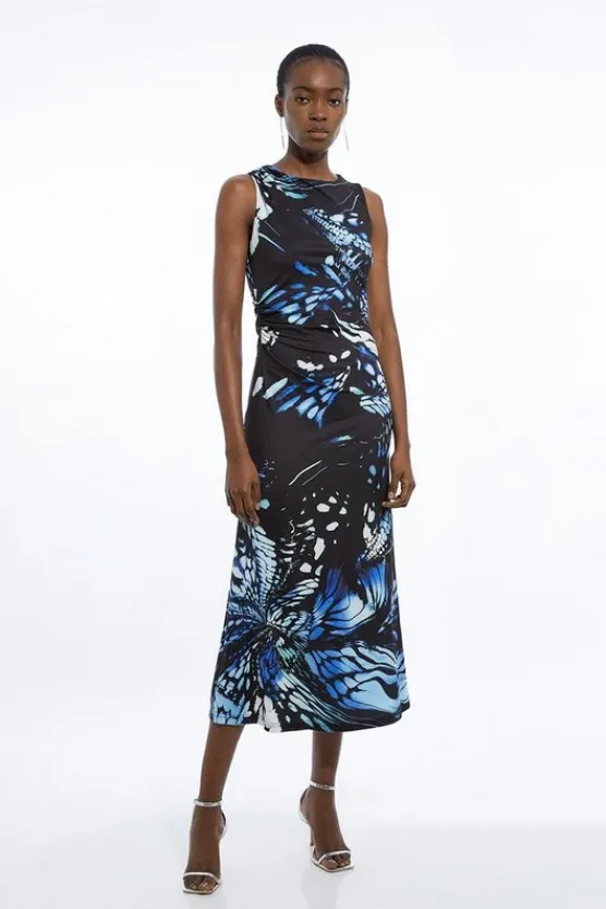 Karen Millen Abstract Swirl Printed Jersey Crepe Maxi Dress navy Clearance