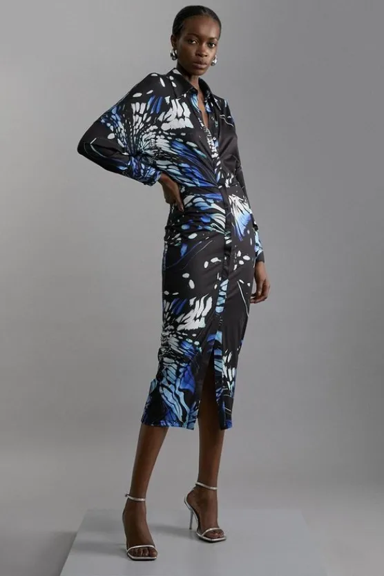 Karen Millen Abstract Swirl Printed Jersey Crepe Maxi Shirt Dress navy Discount