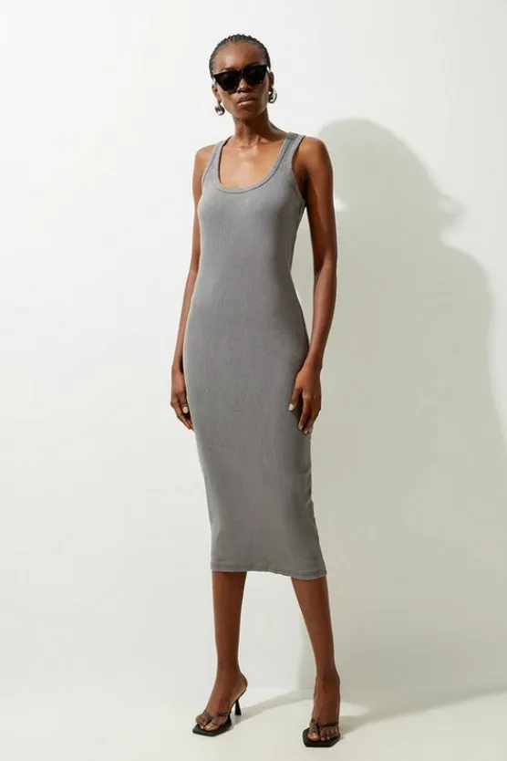 Karen Millen Acid Wash Compact Jersey Rib Racer Midi Dress charcoal Hot