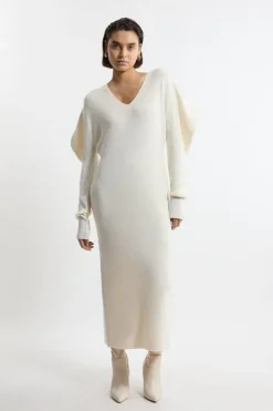 Karen Millen Alpaca Wool Blend Full Sleeve All Over Ribbed V Neck Knit Dress cream Discount