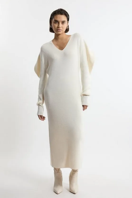 Karen Millen Alpaca Wool Blend Full Sleeve All Over Ribbed V Neck Knit Dress cream Discount