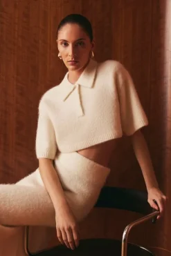 Karen Millen Alpaca Wool Fluffy Knit Polo Top ivory Clearance