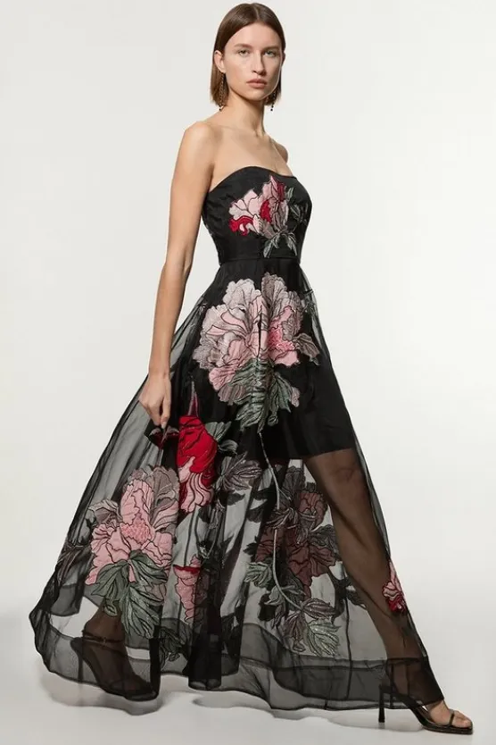 Karen Millen Applique And Embroidered Organdie Woven Midaxi Bandeau Dress With Beading floral Discount