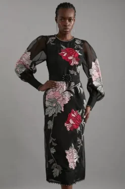 Karen Millen Applique And Embroidered Organdie Woven Maxi Bandeau Dress With Beading floral Outlet
