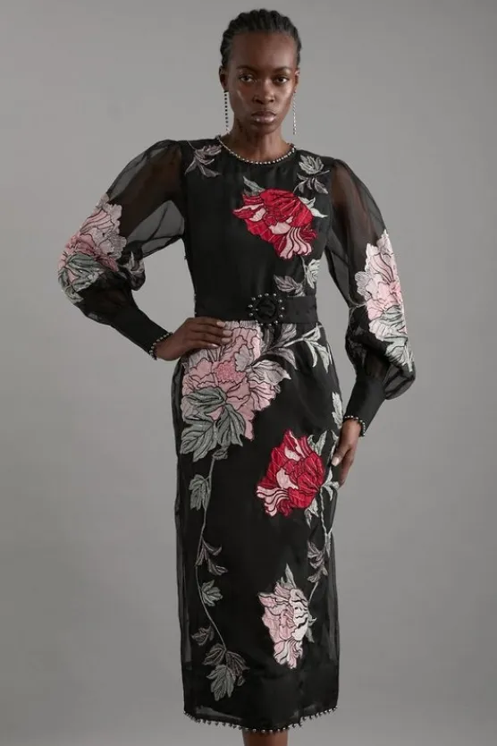Karen Millen Applique And Embroidered Organdie Woven Maxi Bandeau Dress With Beading floral Outlet