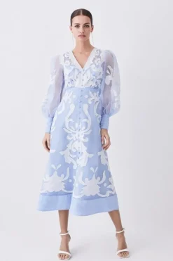 Karen Millen Applique Organdie Buttoned Woven Midi Dress blue Online