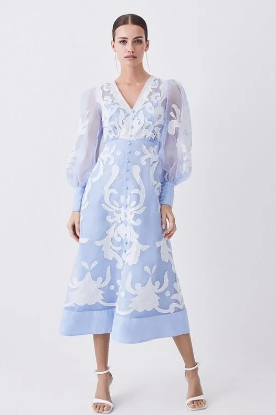 Karen Millen Applique Organdie Buttoned Woven Midi Dress blue Online