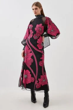 Karen Millen Applique Organdie Floral Graphic Woven Maxi Dress black Best
