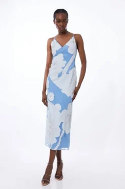 Karen Millen Applique Organdie Satin Woven Midi Dress dustyblue Discount