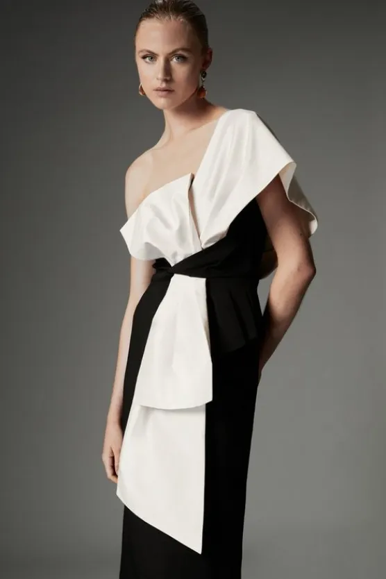 Karen Millen Archive Collection - Bow Detail One Shoulder Crepe Woven Midi Dress mono Sale