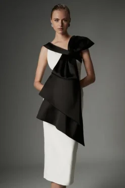 Karen Millen Archive Collection - Large Bow Detail Off The Shoulder Crepe Woven Midi Dress mono Discount