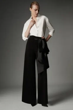 Karen Millen Archive Collection - Petite Bow Detail Crepe Wide Leg Pants black Sale