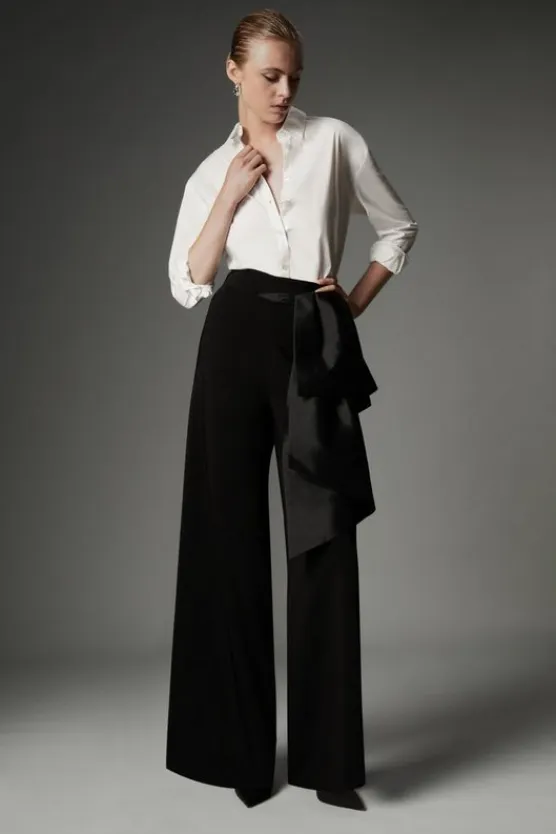 Karen Millen Archive Collection - Petite Bow Detail Crepe Wide Leg Pants black Sale