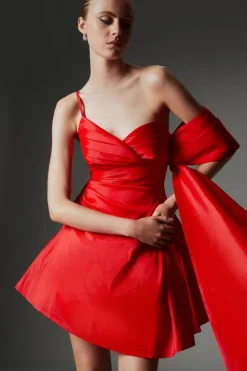 Karen Millen Archive Collection - Taffeta Draped Shoulder Mini Dress red New