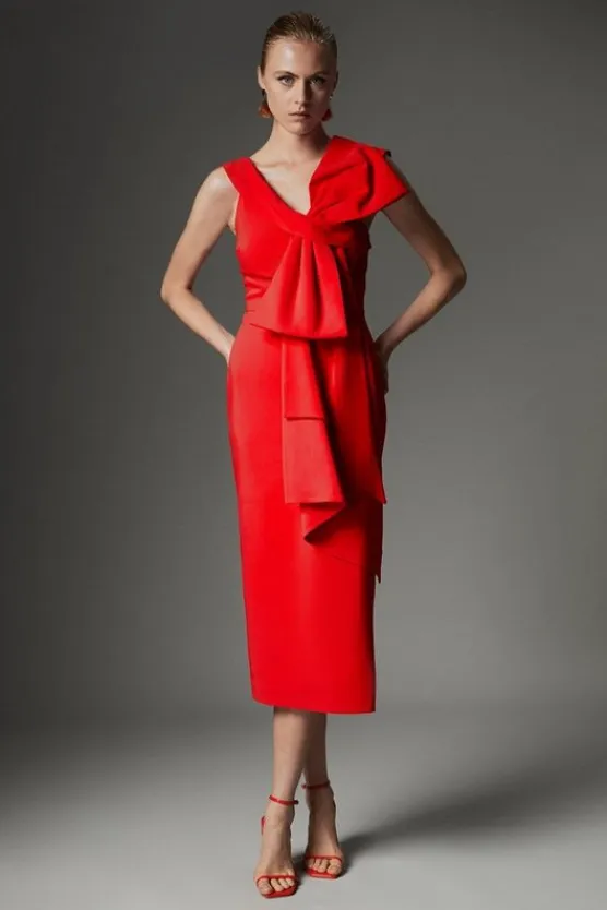 Karen Millen Archive Collection - Tall Bow Detail Asymmetric Off The Shoulder Midaxi Dress red Clearance