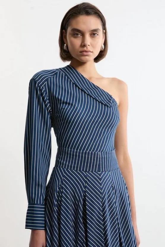Karen Millen Asymmetric Cotton d Woven Long Sleeved Shirt stripe Sale