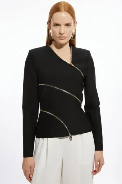 Karen Millen Asymmetric Zip Detail Figure Form Bandage Knit Top black Discount