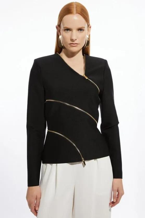 Karen Millen Asymmetric Zip Detail Figure Form Bandage Knit Top black Discount