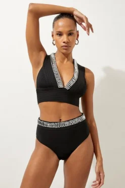 Karen Millen Bandage Embellished Trim Cut Out Bikini Top black Fashion