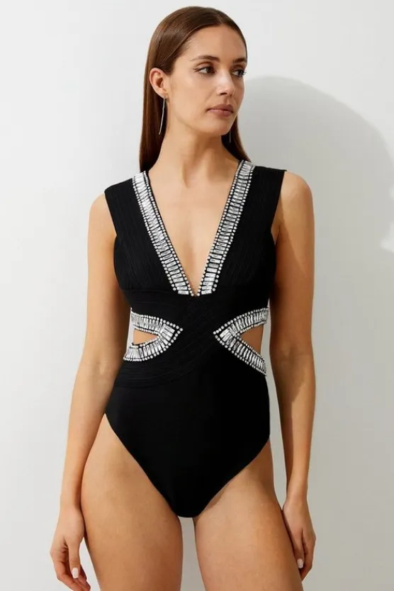 Karen Millen Bandage Embellished Trim Cut Out Swimsuit black New