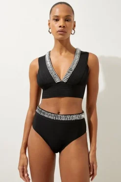 Karen Millen Bandage Embellished Trim High Waist Bikini Bottoms black Discount