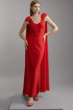 Karen Millen Bandage Figure Form Knit Midaxi Dress With Chiffon Cape red Sale