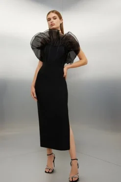 Karen Millen Bandage Figure Form Organza Frill Knit Midaxi Dress black Discount