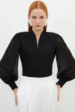 Karen Millen Bandage Figure Form Zip Detail Chiffon Sleeve Knit Top black Sale