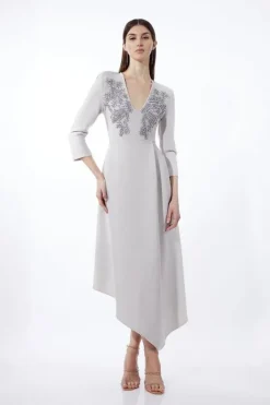 Karen Millen Bandage Form Fitting Asymmetric Embellished Knit Dress grey Hot