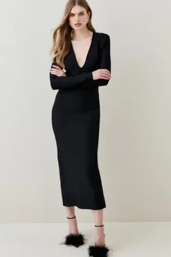 Karen Millen Bandage Form Fitting Deep V-Neck Midaxi Knit Dress black Discount