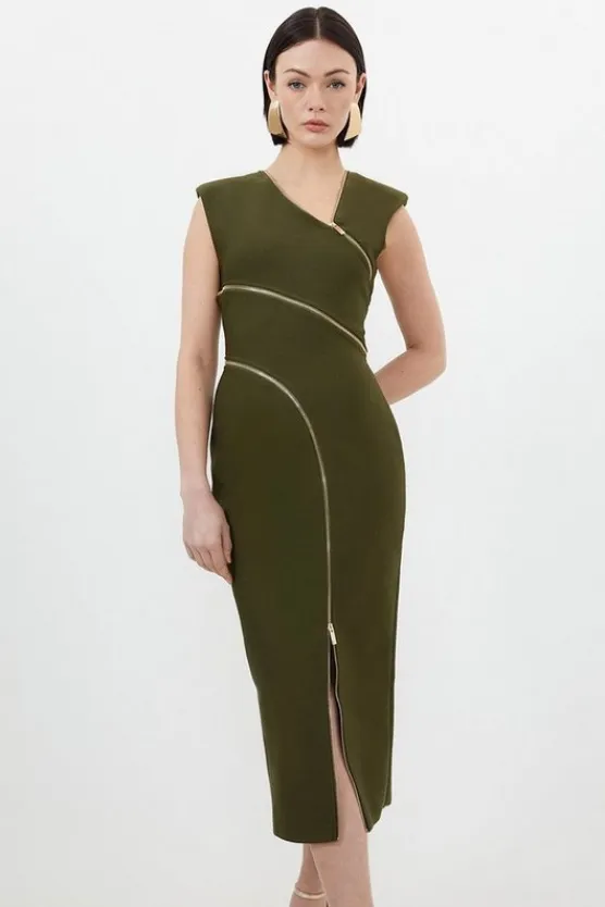 Karen Millen Bandage Form Fitting Zip Detail Midi Dress khaki Sale