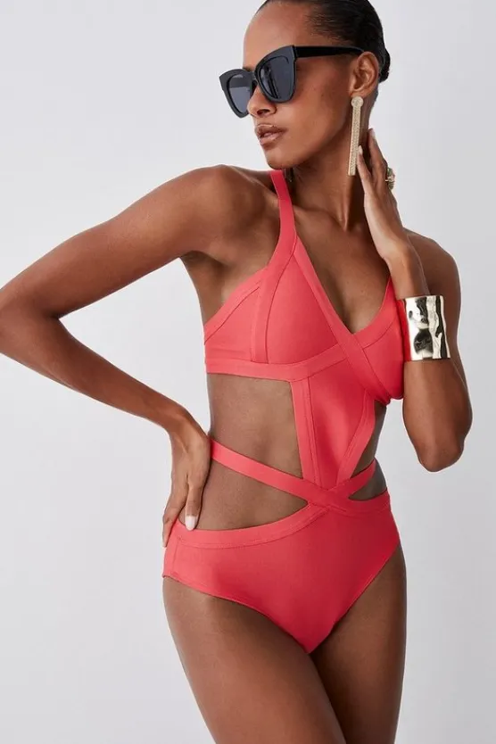 Karen Millen Bandage Strappy Cross Front Swimsuit coral New