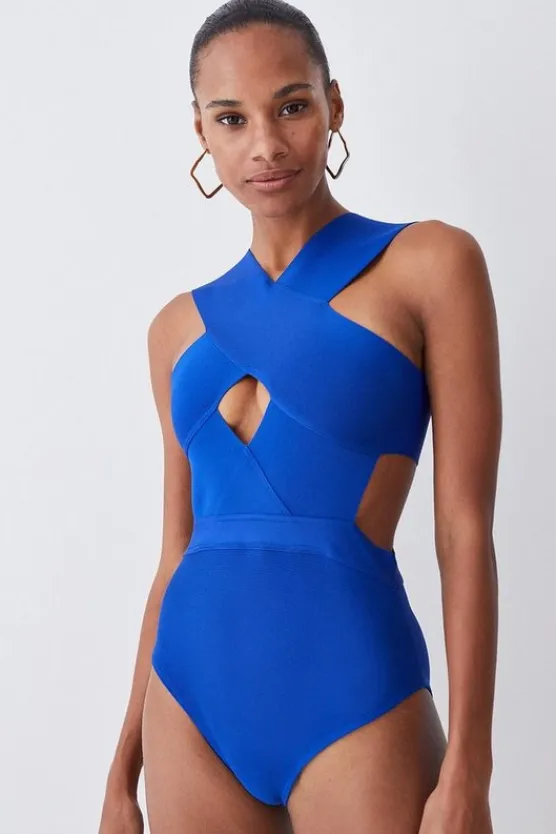 Karen Millen Bandage Textured Cross Front Swimsuit cobalt Best
