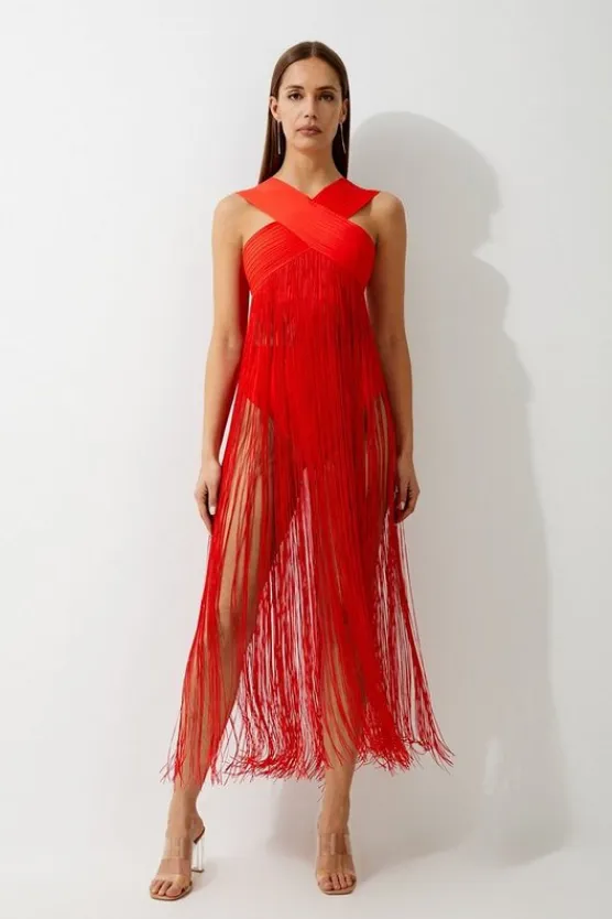Karen Millen Bandage V Neck Cut Out Fringed Bikini Top red Hot