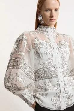 Karen Millen Baroque Organdie Applique Buttoned Woven High Neck Blouse silver Best
