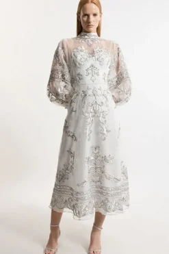 Karen Millen Baroque Organdie Applique Buttoned Woven Maxi Dress silver New