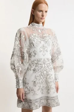Karen Millen Baroque Organdie Applique Buttoned Woven Mini Dress silver Online