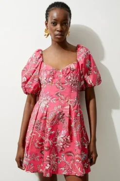 Karen Millen Batik Floral Printed Cotton Woven Mini Dress pink Discount