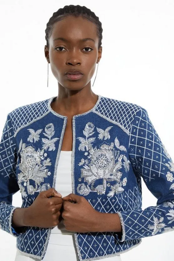 Karen Millen Beaded Embellished Woven Trophy Jacket denim Fashion