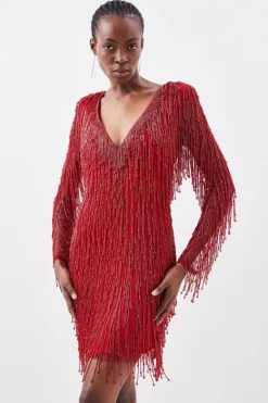 Karen Millen Beaded Fringed And Embellished Woven Mini Dress red Best