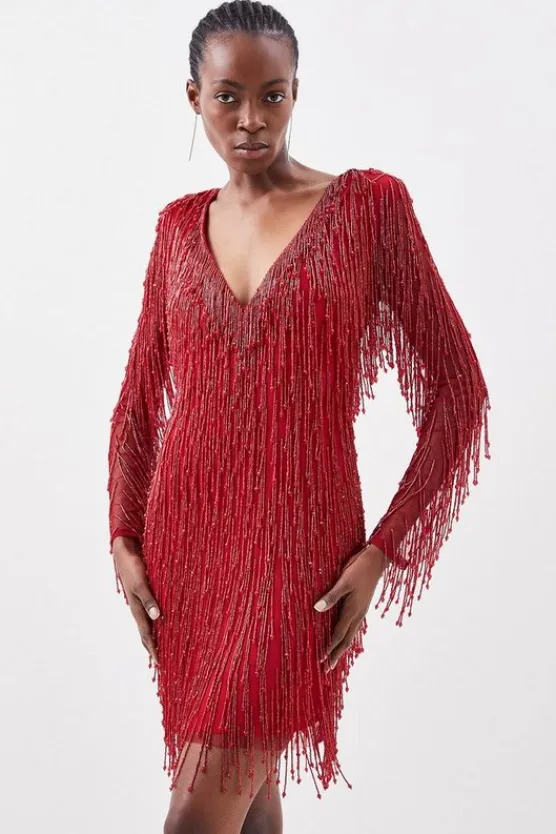 Karen Millen Beaded Fringed And Embellished Woven Mini Dress red Best