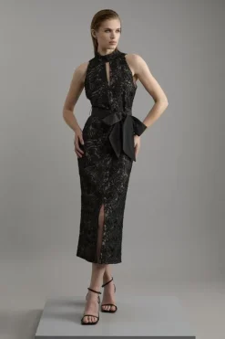 Karen Millen Beaded Textured Lace Halter Woven Maxi Dress black Online