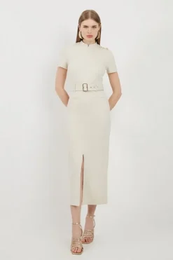 Karen Millen Belted Detail Ponte Jersey Short Sleeve Midi Dress cream Fashion
