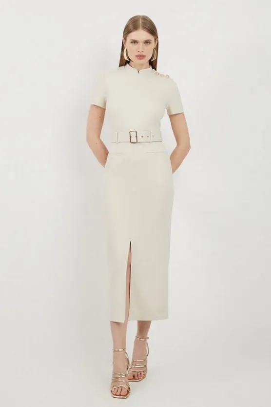Karen Millen Belted Detail Ponte Jersey Short Sleeve Midi Dress cream Fashion