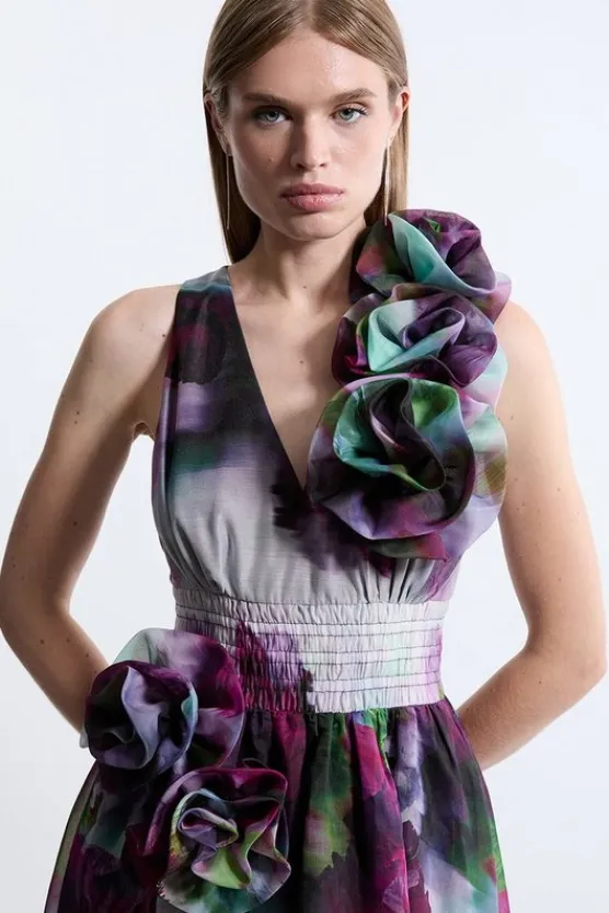Karen Millen Blurred Organdie Rosette Detail Midaxi Dress floral Hot