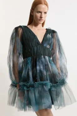 Karen Millen Blurred Tulle Plunge Mini Dress floral Fashion