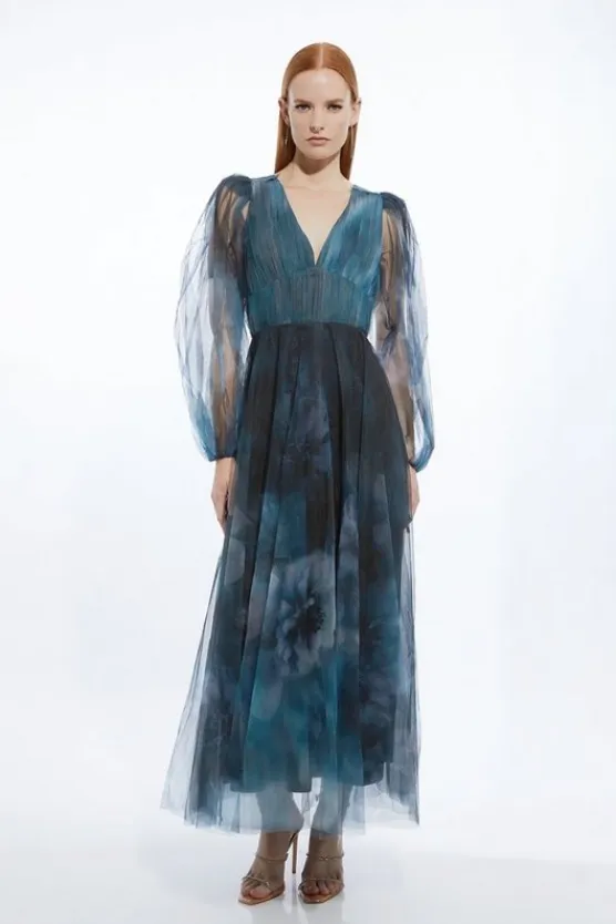 Karen Millen Blurred Tulle Plunge Maxi Dress floral Outlet
