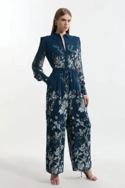 Karen Millen Boarder Print Viscose Piped Woven Shirt Balloon Sleeve Co-ord darknavy New